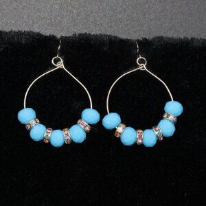 Turquoise blue round silver hoop earrings rhinestones handmade